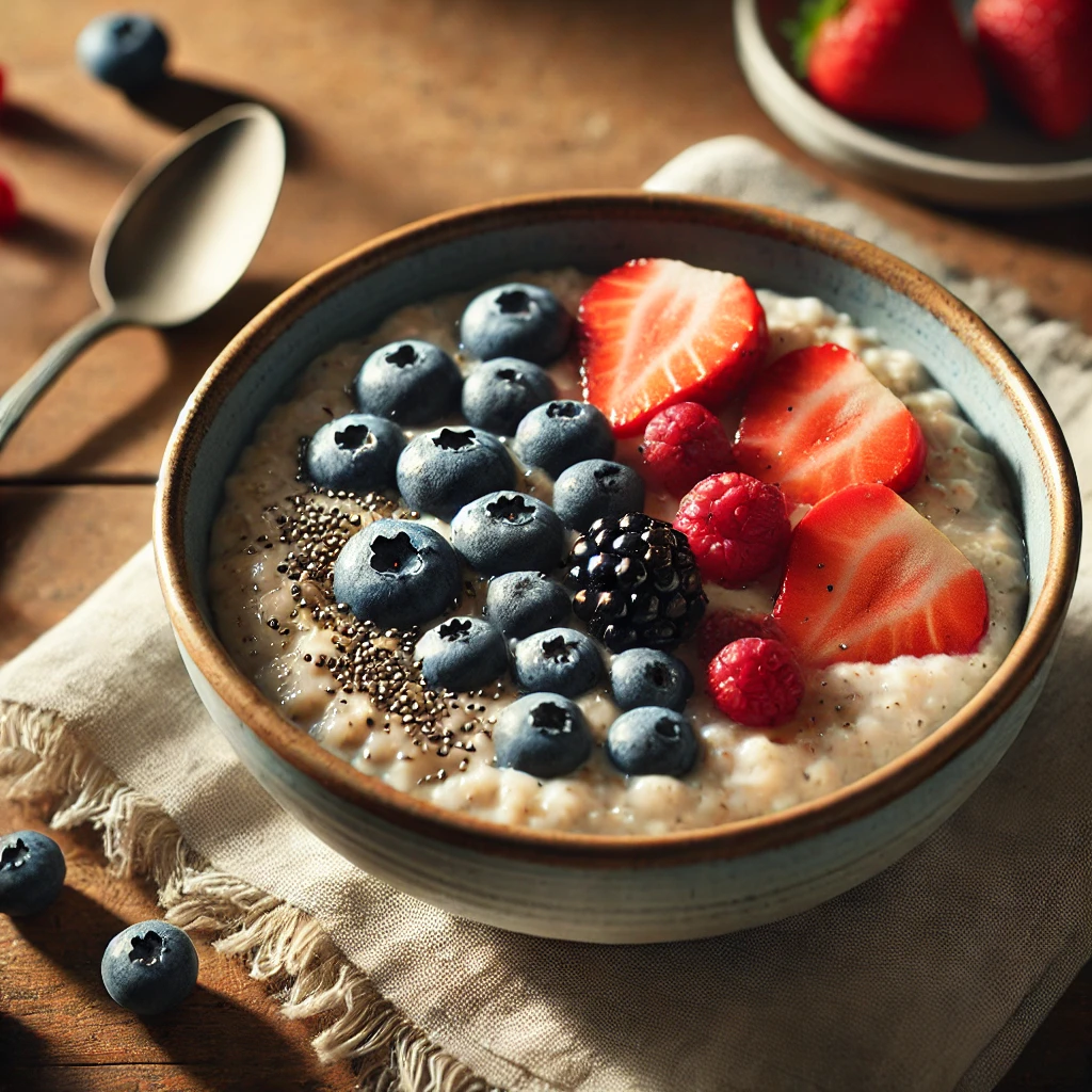 DALL·E 2024-10-21 15.28.07 - A bowl of creamy oatmeal topped with fewer berries, featuring only a few blueberries and sliced strawberries. No blackberries are included. The oatmea